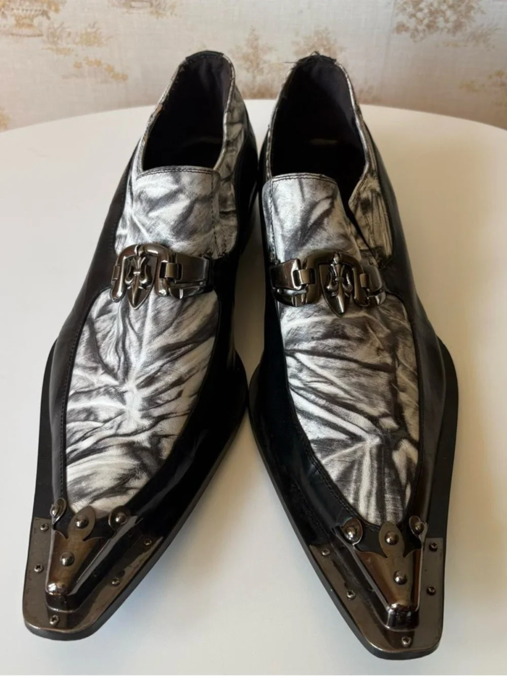 Fiesso by Aurelio Garcia Y2K Black Goth Metal Toe Leather Loafer Shoes 43